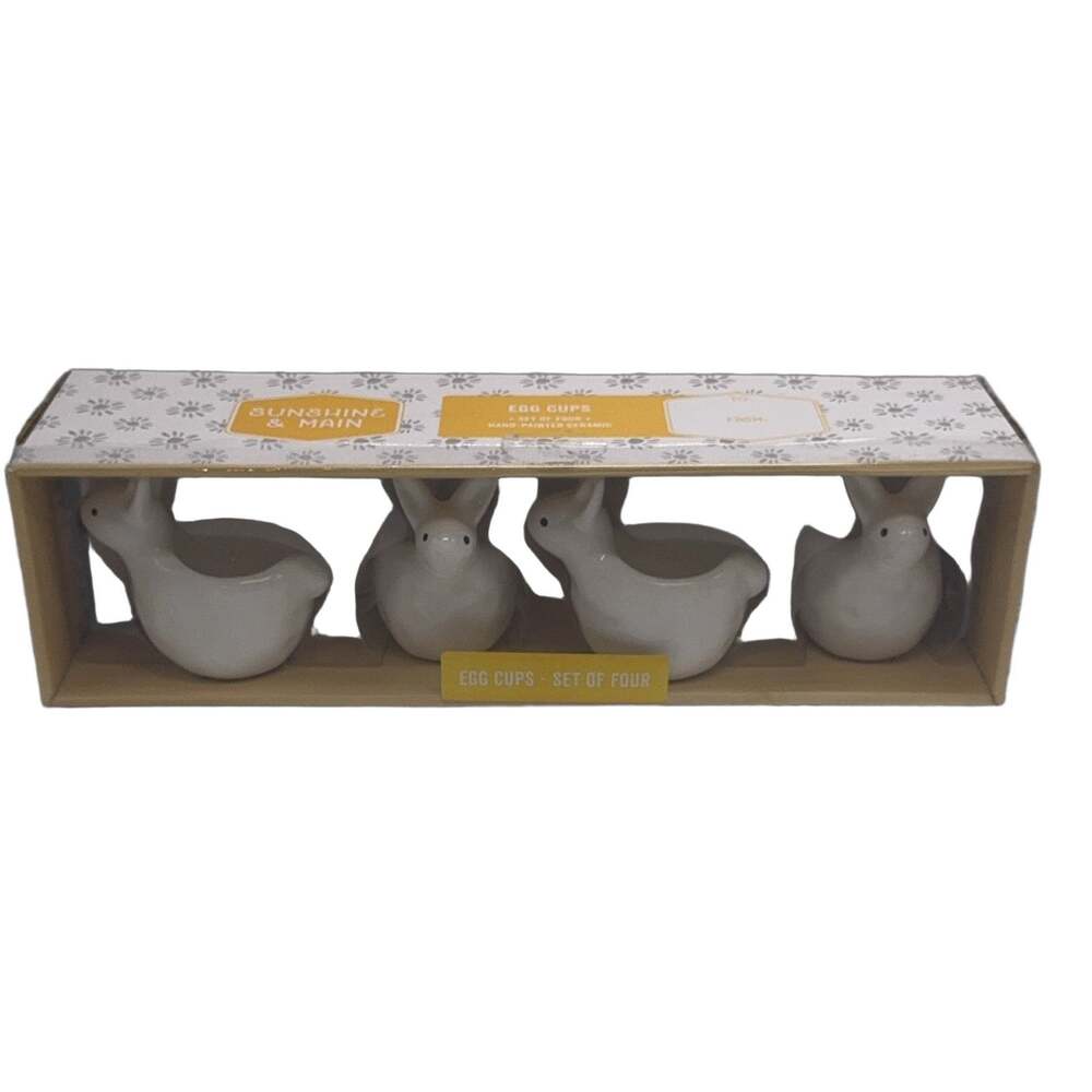 Set of 4 Sunshine & Main Ceramic Egg Cups White Glossy Easter Tableware Cottage